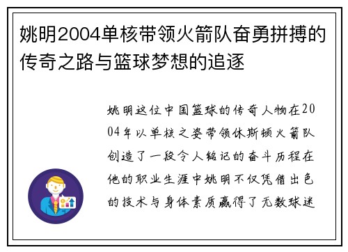 姚明2004单核带领火箭队奋勇拼搏的传奇之路与篮球梦想的追逐