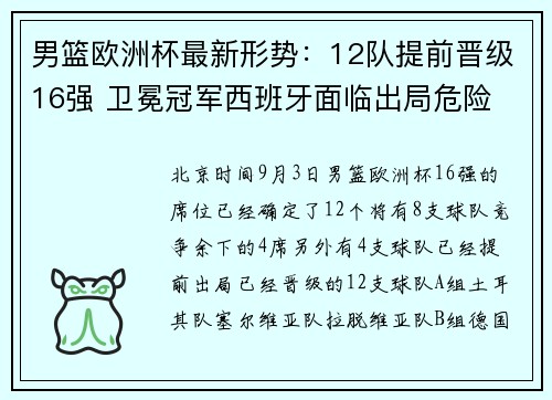 男篮欧洲杯最新形势：12队提前晋级16强 卫冕冠军西班牙面临出局危险